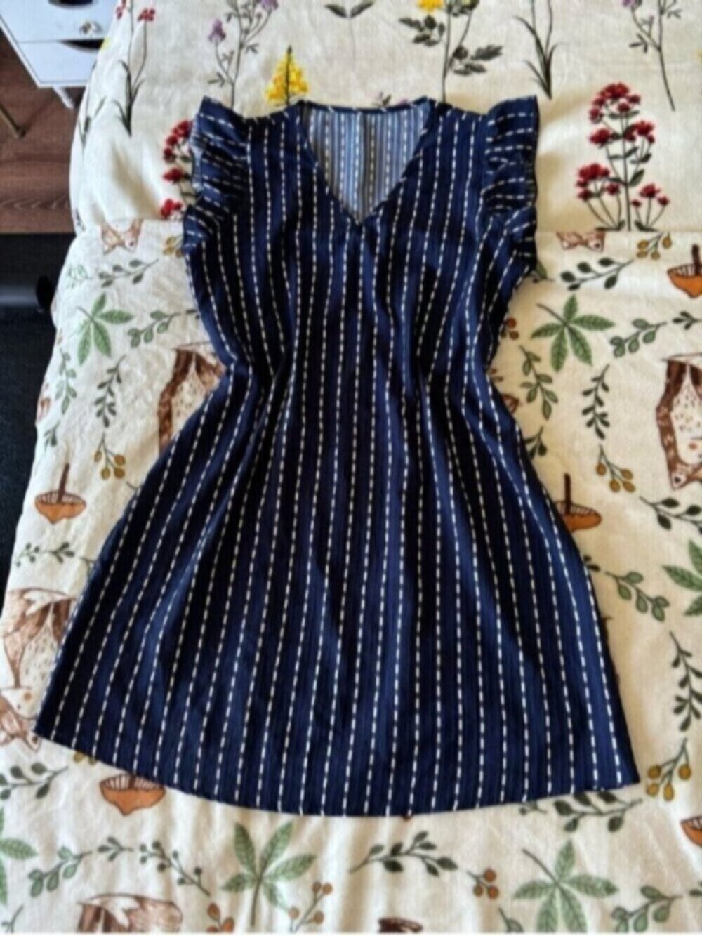 Navy Striped V-Neck Flutter Sleeve Mini Dress